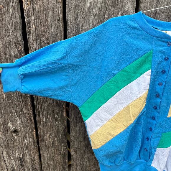 Vint. 80s Cortiva Color Block Blue Yellow Green White Batwing Windbreaker Blouse - Picture 2 of 6